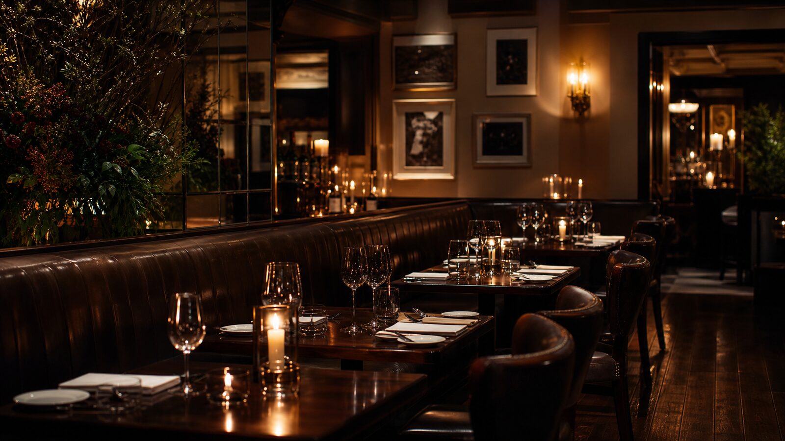 Warm candlelit dining room at EMBER & OAK