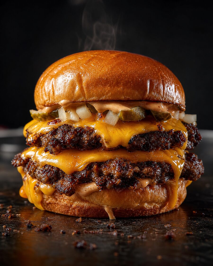 Stacked smash burger with crisp fries