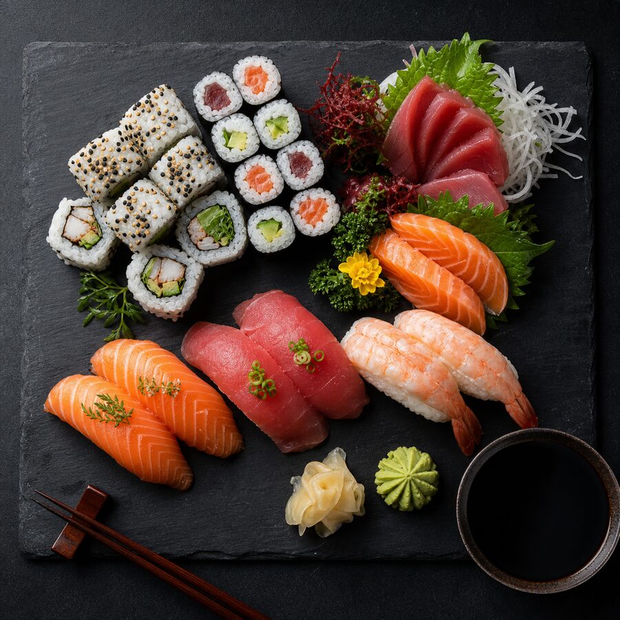 Sushi rolls with salmon and vegetables