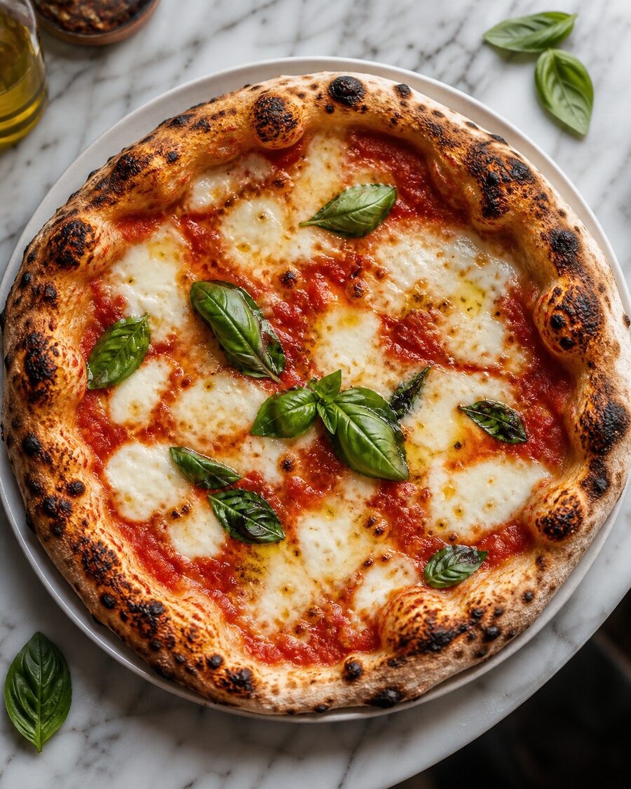 Wood-fired pizza with blistered crust