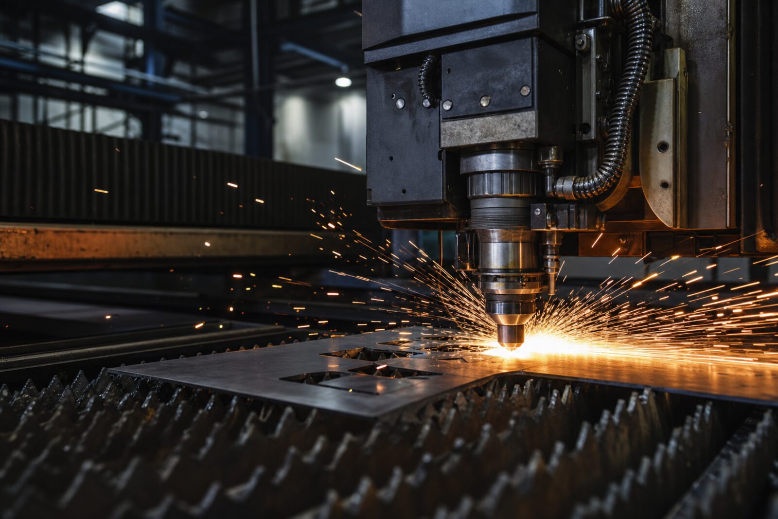 Precision manufacturing cell with fixtures, CNC equipment, and orange safety markings