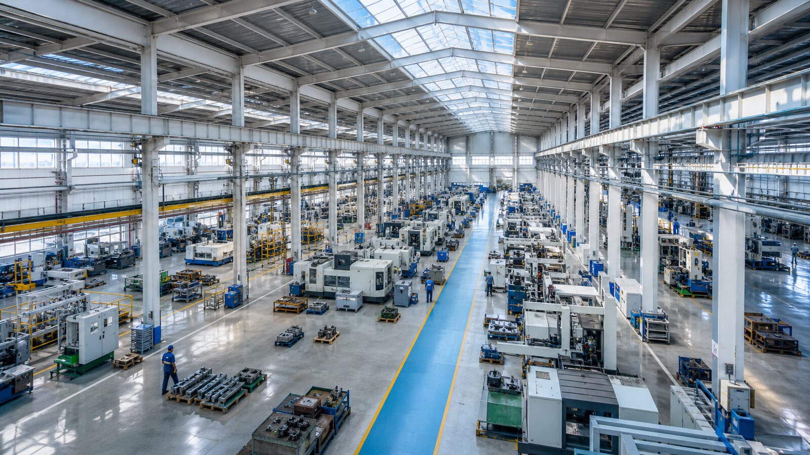 Wide view of a precision manufacturing plant floor