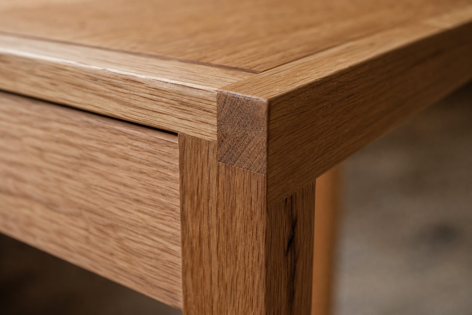 Close detail of oak grain, linen texture, and hand-finished furniture joinery