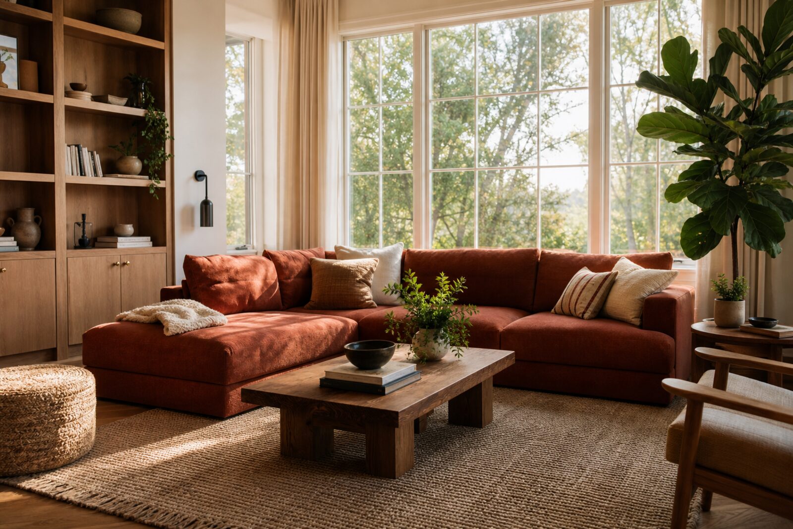 Sunlit living room with oak furniture and warm white upholstery