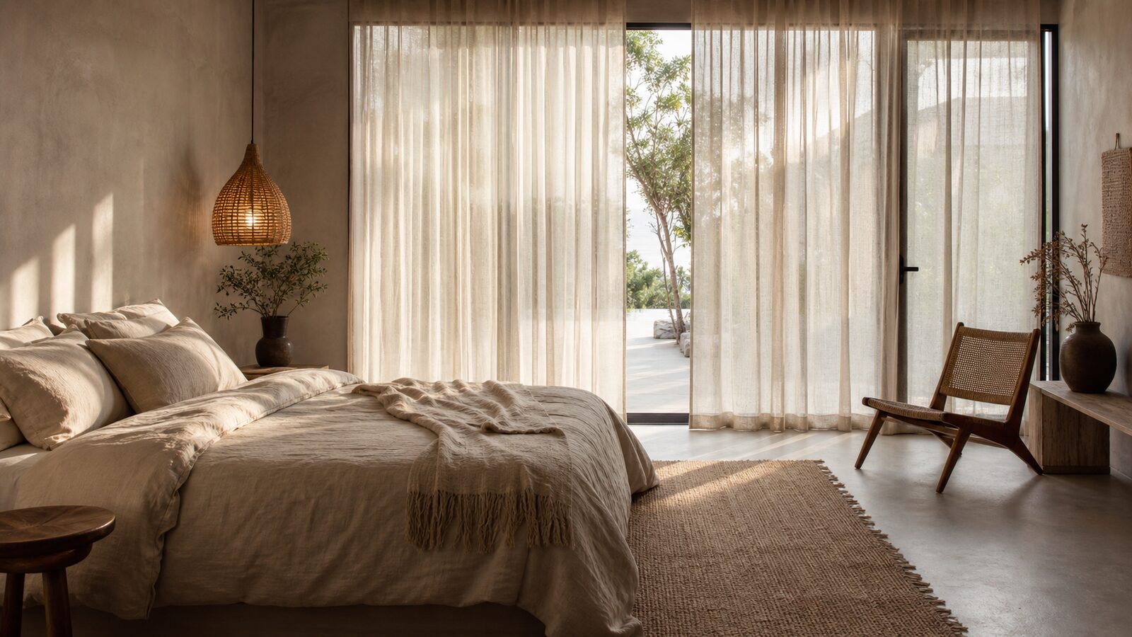 Warm bedroom with linen bed, oak nightstand, and layered neutral bedding