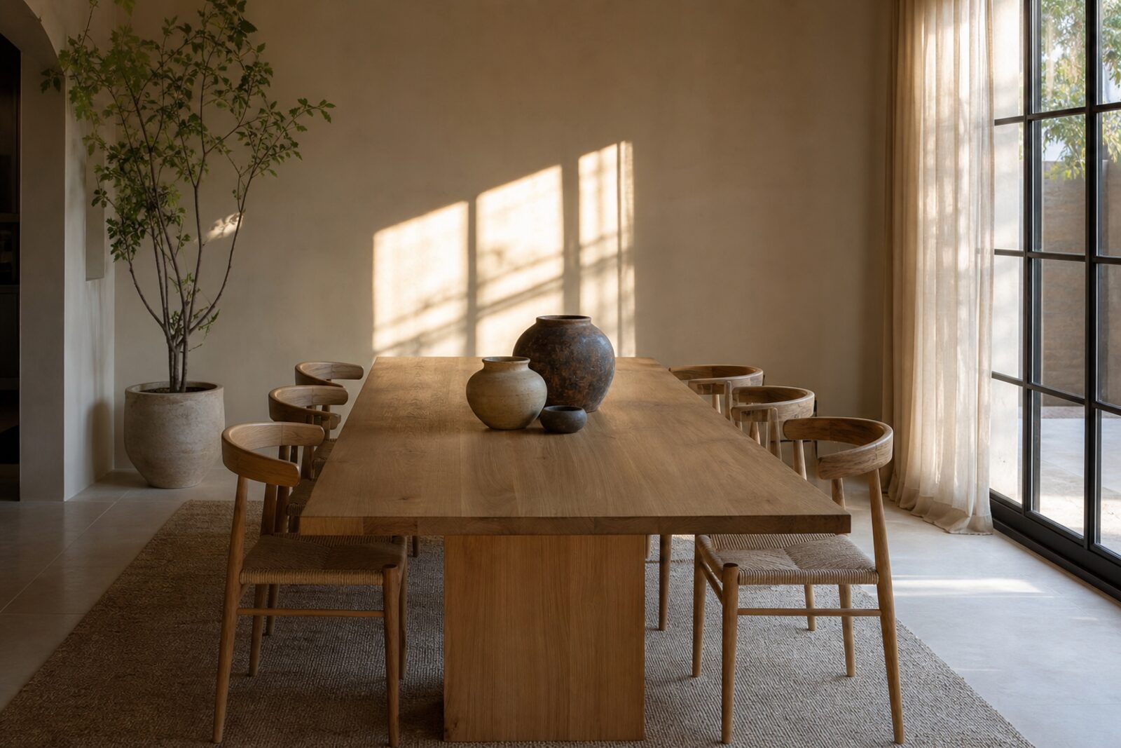 Dining room with oak table, sculptural chairs, and ceramic table lighting