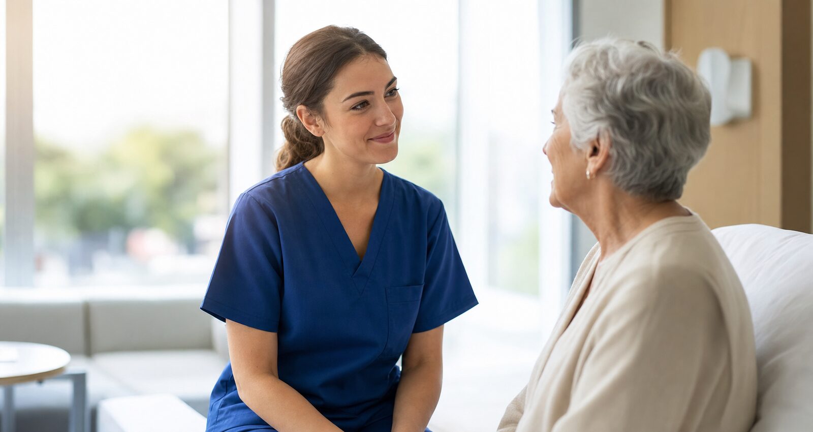A VITALIS clinician reviewing a care plan with a patient in a calm consultation room