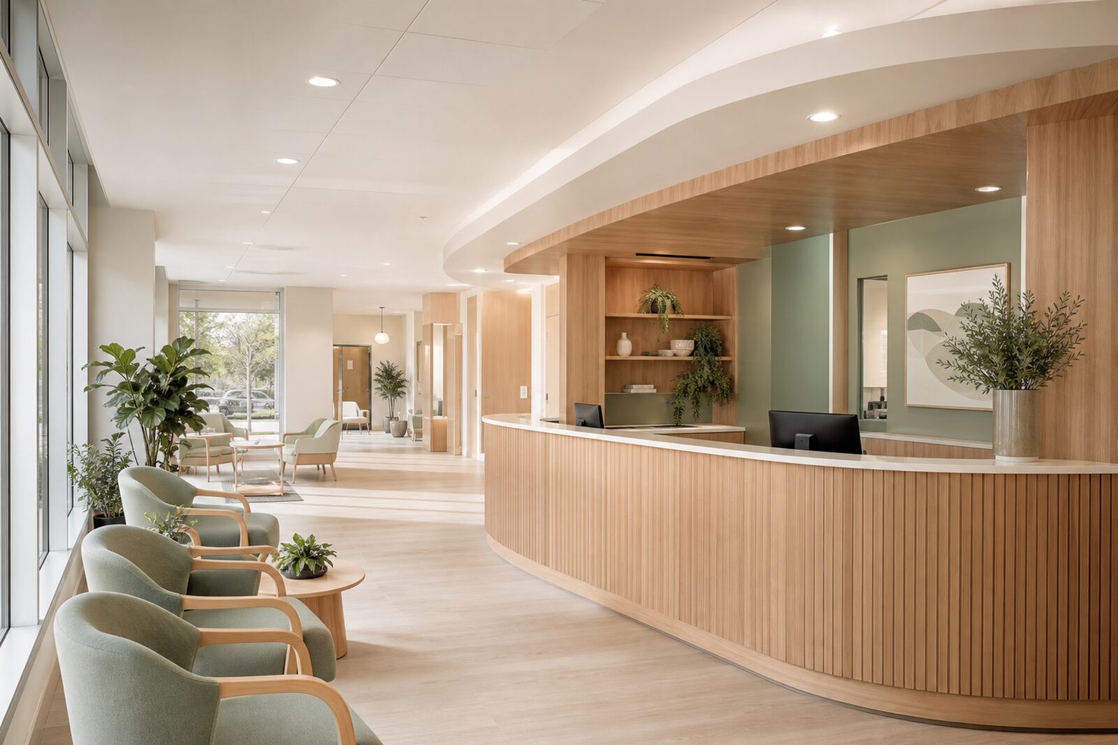 A warm, modern clinical consultation room prepared for a telehealth visit